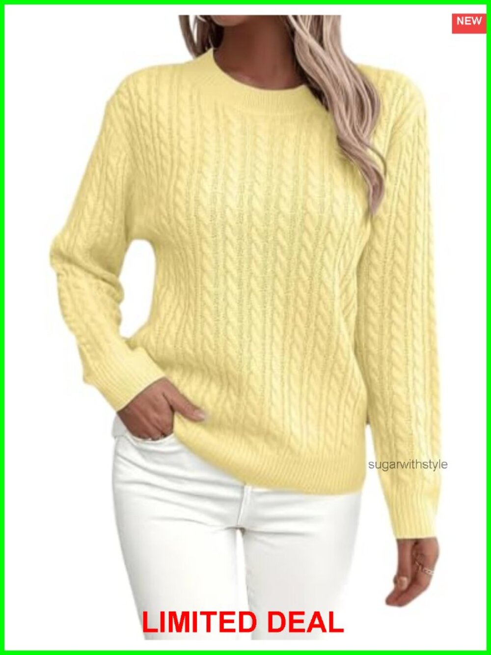 Cable Knit Crewneck Pullover Sweater Soft Cozy Oversized Women's